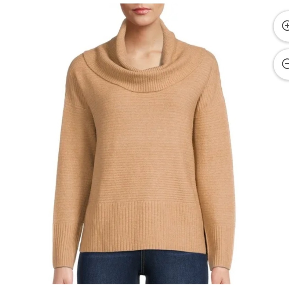 Time and Tru Tan Cowl Neck Sweater with Ribbed Knit Size L